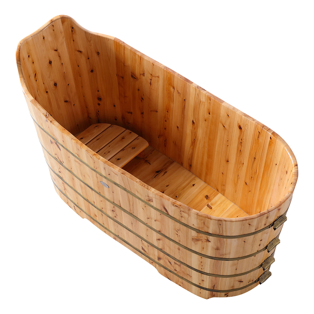 59 Inch Free Standing Cedar Wood Bathtub with Bench ALFI Brand (AB1103)