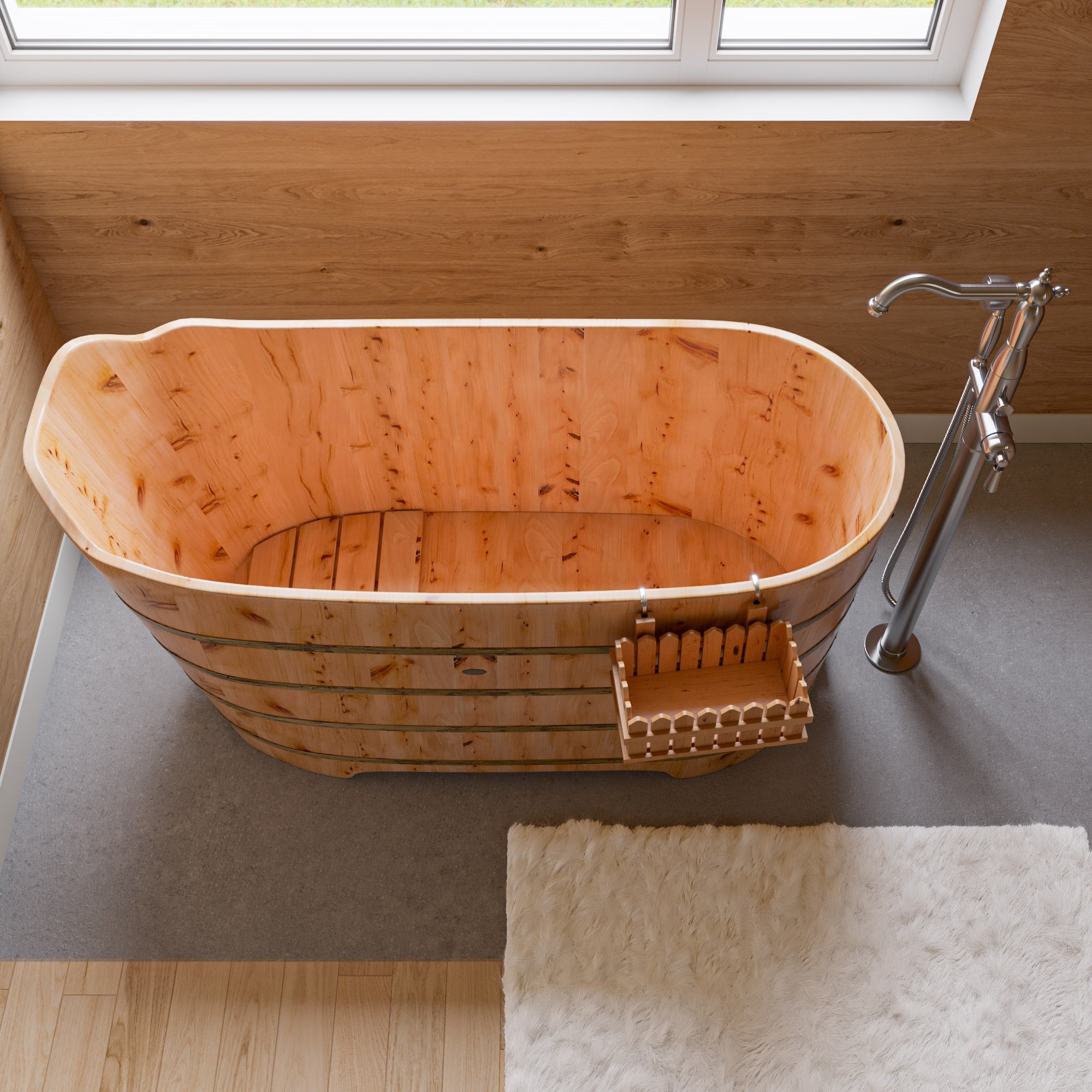 59 Inch Free Standing Cedar Wood Bathtub with Bench ALFI Brand (AB1103)