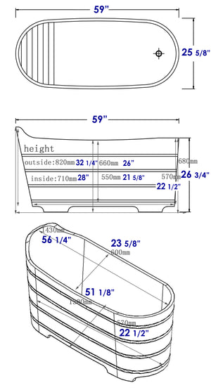 59 Inch Free Standing Cedar Wood Bathtub with Bench ALFI Brand (AB1103)
