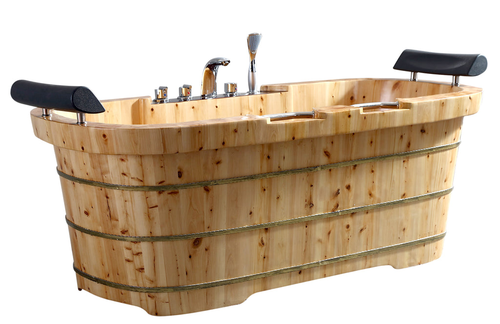 65 Inch 2 Person Free Standing Cedar Wooden Bathtub with Fixtures & Headrests ALFI Brand (AB1130)