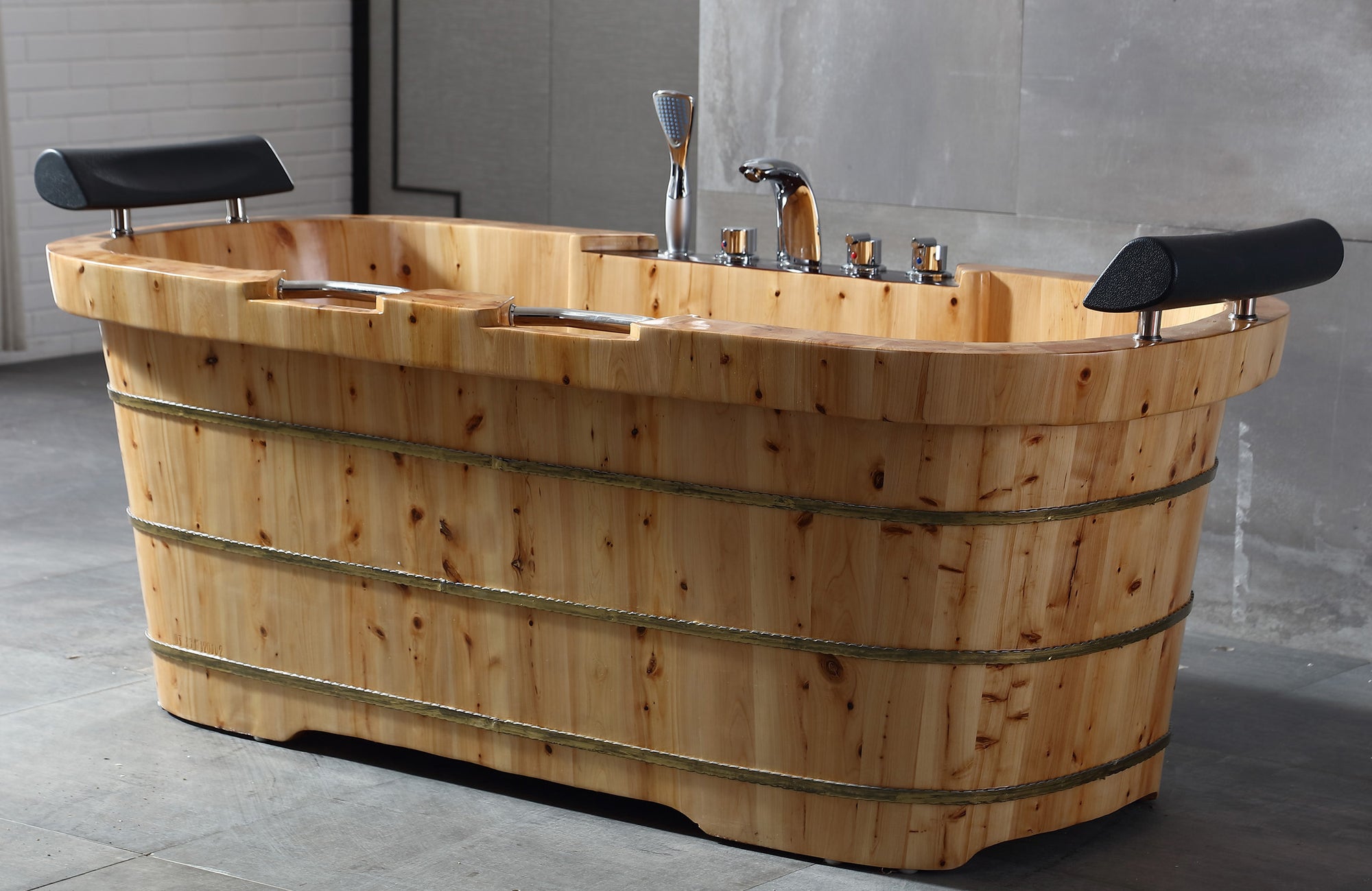 65 Inch 2 Person Free Standing Cedar Wooden Bathtub with Fixtures & Headrests ALFI Brand (AB1130)