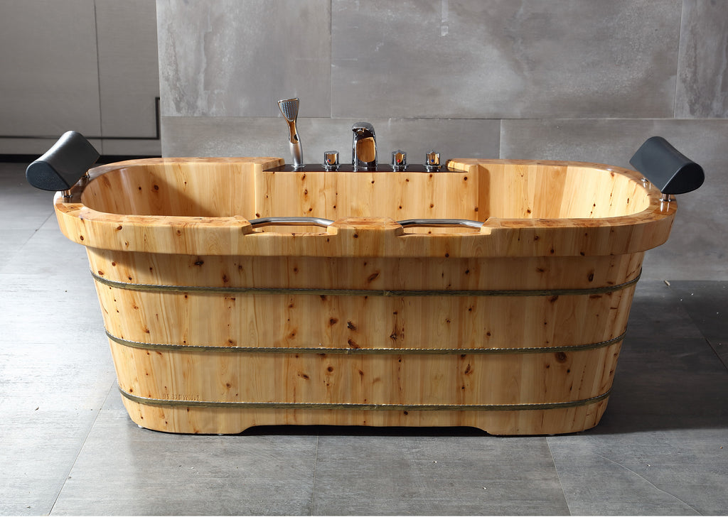 65 Inch 2 Person Free Standing Cedar Wooden Bathtub with Fixtures & Headrests ALFI Brand (AB1130)