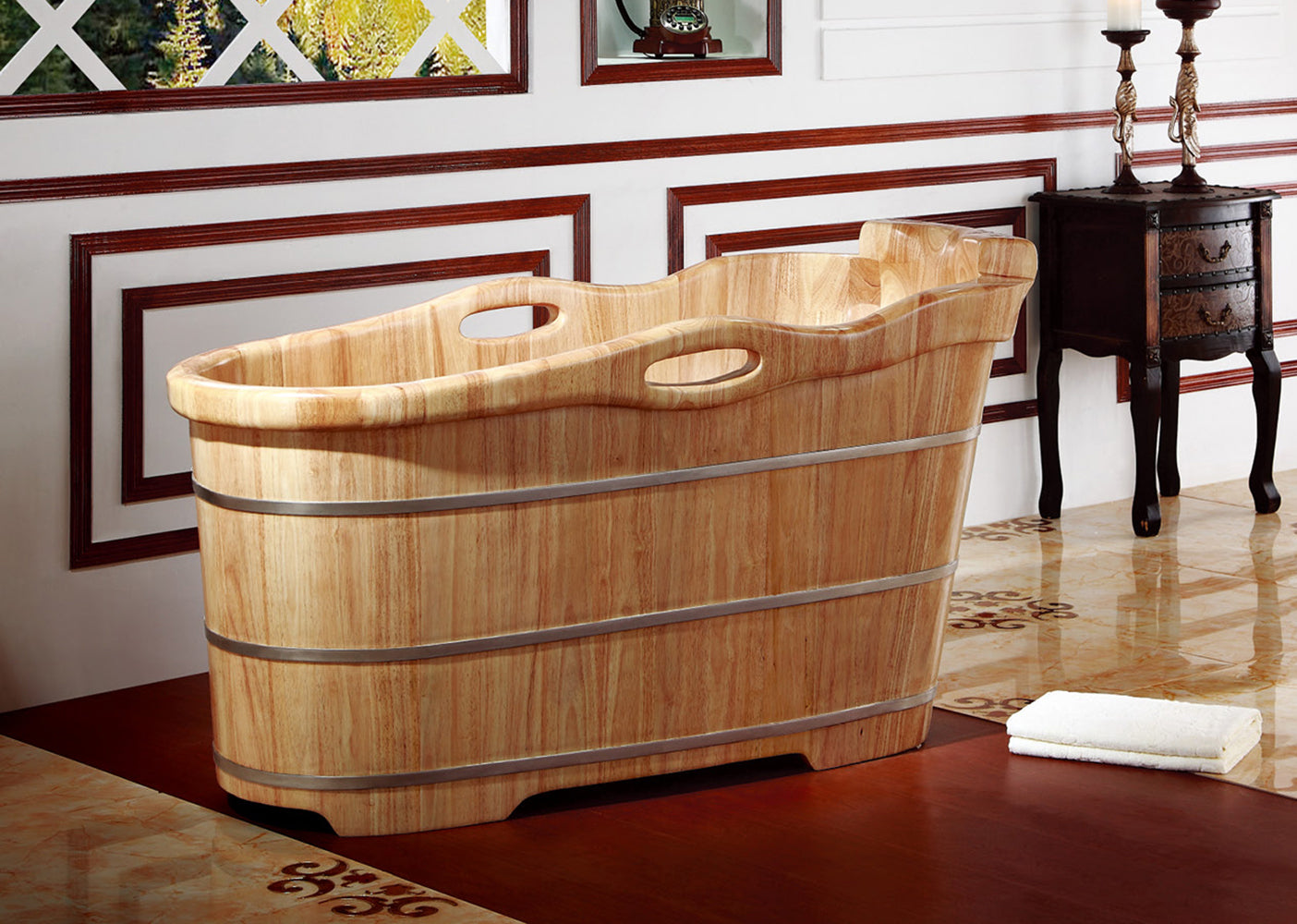 57 Inch Free Standing Wooden Soaking Bathtub with Headrest ALFI Brand (AB1187)