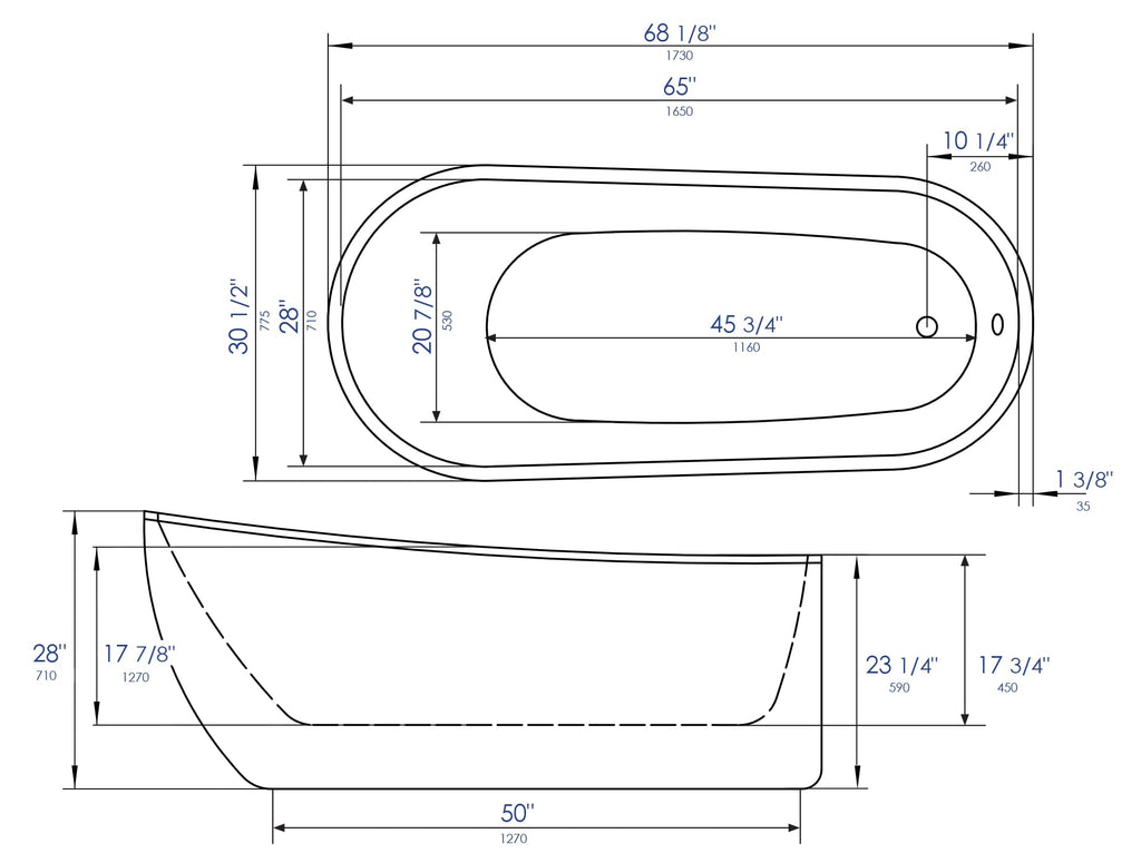 68 Inch White Oval Acrylic Free Standing Soaking Bathtub ALFI Brand (AB8826)
