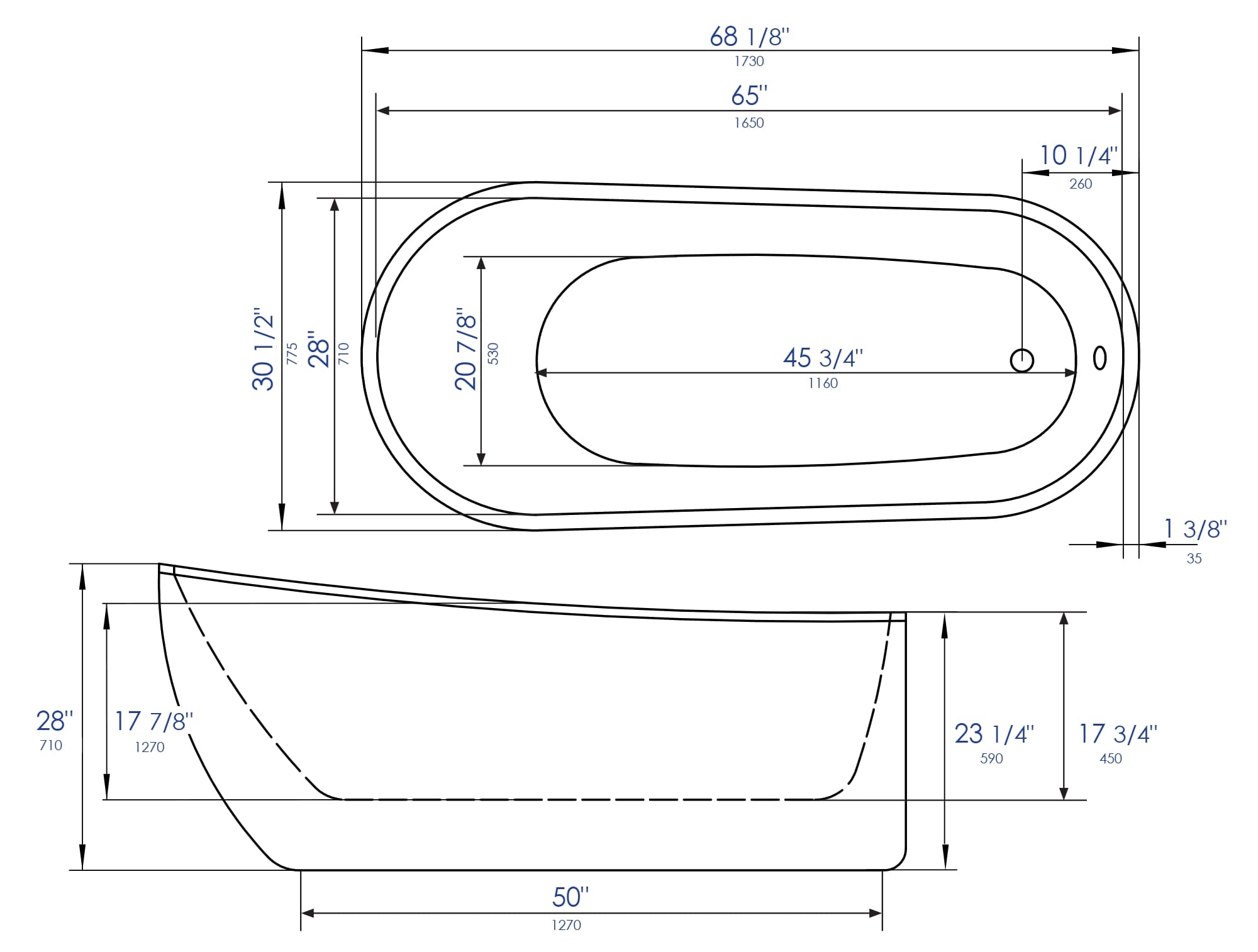 68 Inch White Oval Acrylic Free Standing Soaking Bathtub ALFI Brand (AB8826)