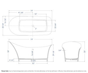74 Inch White Solid Surface Smooth Resin Soaking Slipper Bathtub ALFI Brand (AB9915)