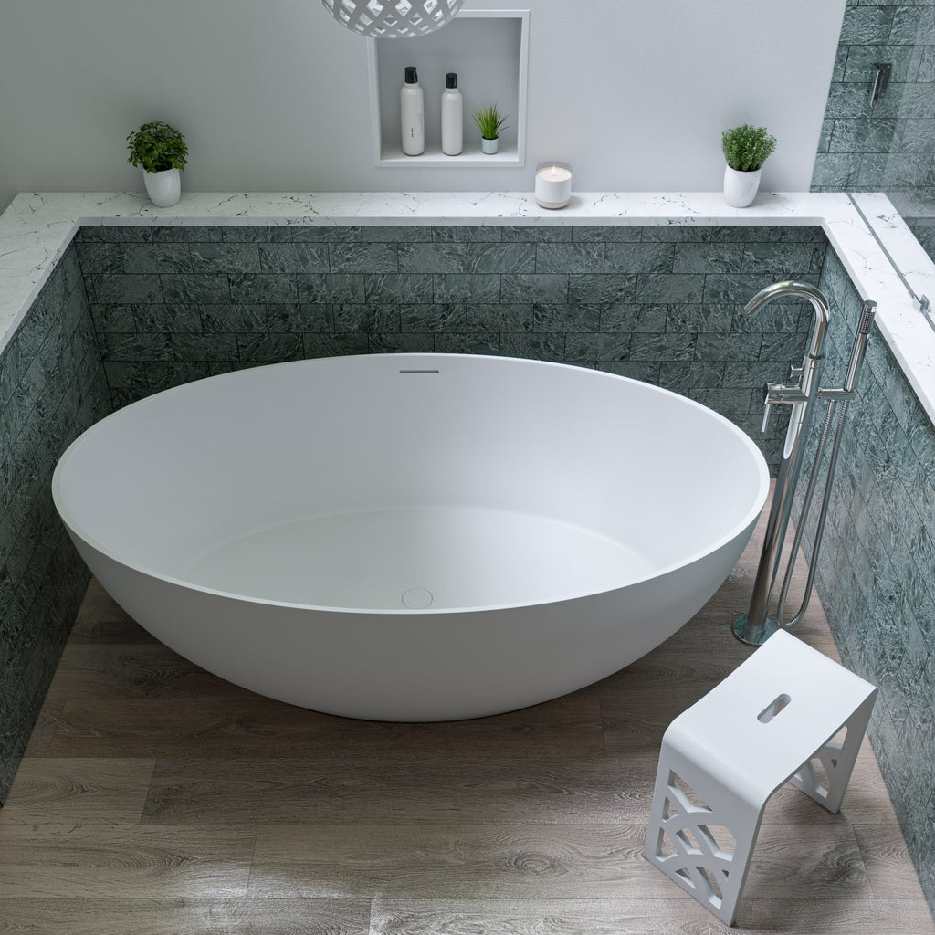67 Inch White Oval Solid Surface Smooth Resin Soaking Bathtub ALFI Brand (AB9941)