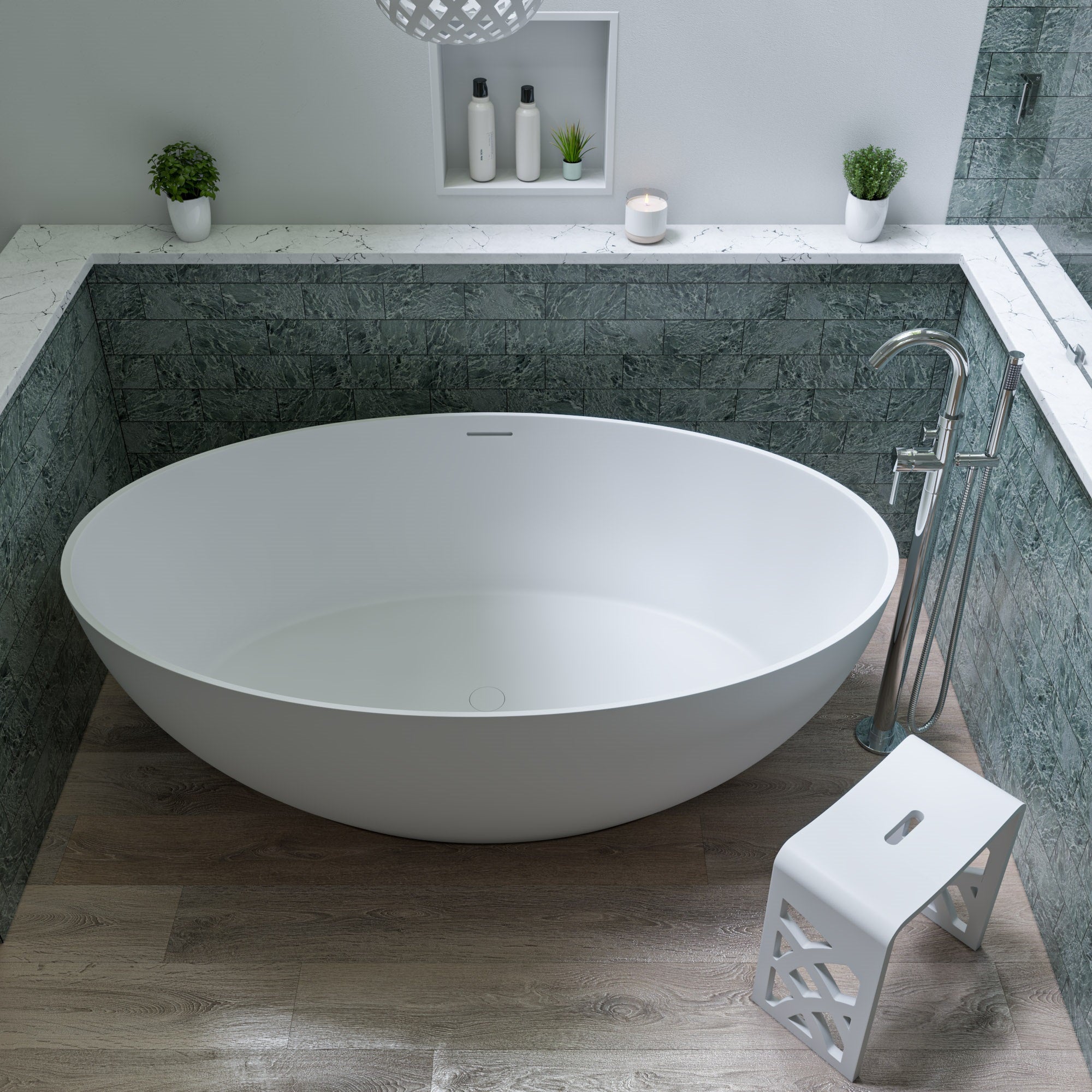 67 Inch White Oval Solid Surface Smooth Resin Soaking Bathtub ALFI Brand (AB9941)