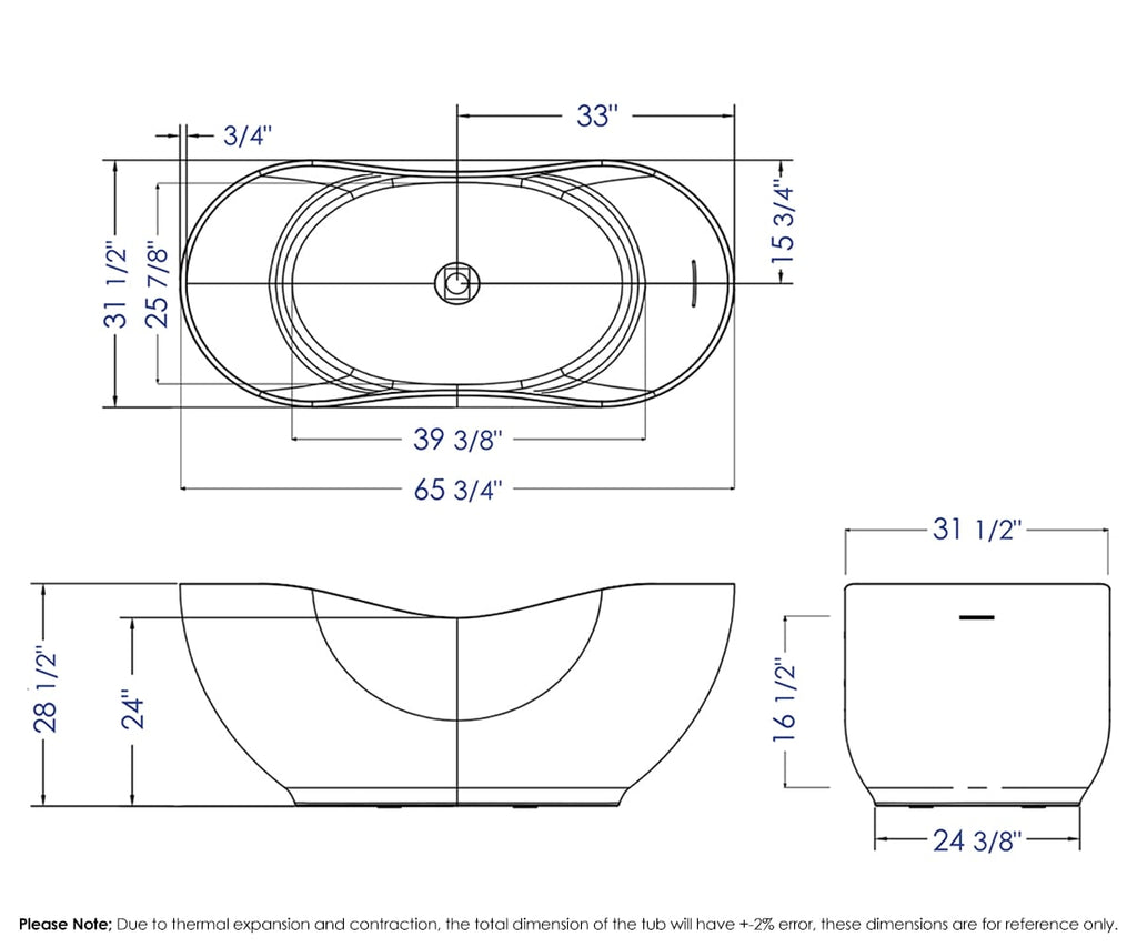 66 Inch White Solid Surface Smooth Resin Soaking Bathtub ALFI Brand (AB9949)