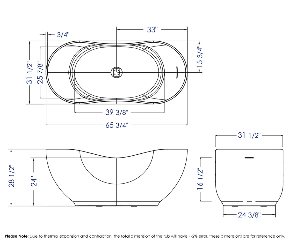 66 Inch White Solid Surface Smooth Resin Soaking Bathtub ALFI Brand (AB9949)