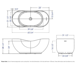 66 Inch White Solid Surface Smooth Resin Soaking Bathtub ALFI Brand (AB9949)