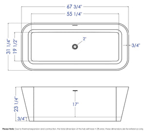 67 Inch Black & White Matte Rectangular Solid Surface Resin Soaking Bathtub ALFI Brand (AB9952BM)