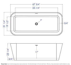 67 Inch White Rectangular Solid Surface Smooth Resin Soaking Bathtub ALFI Brand (AB9952)