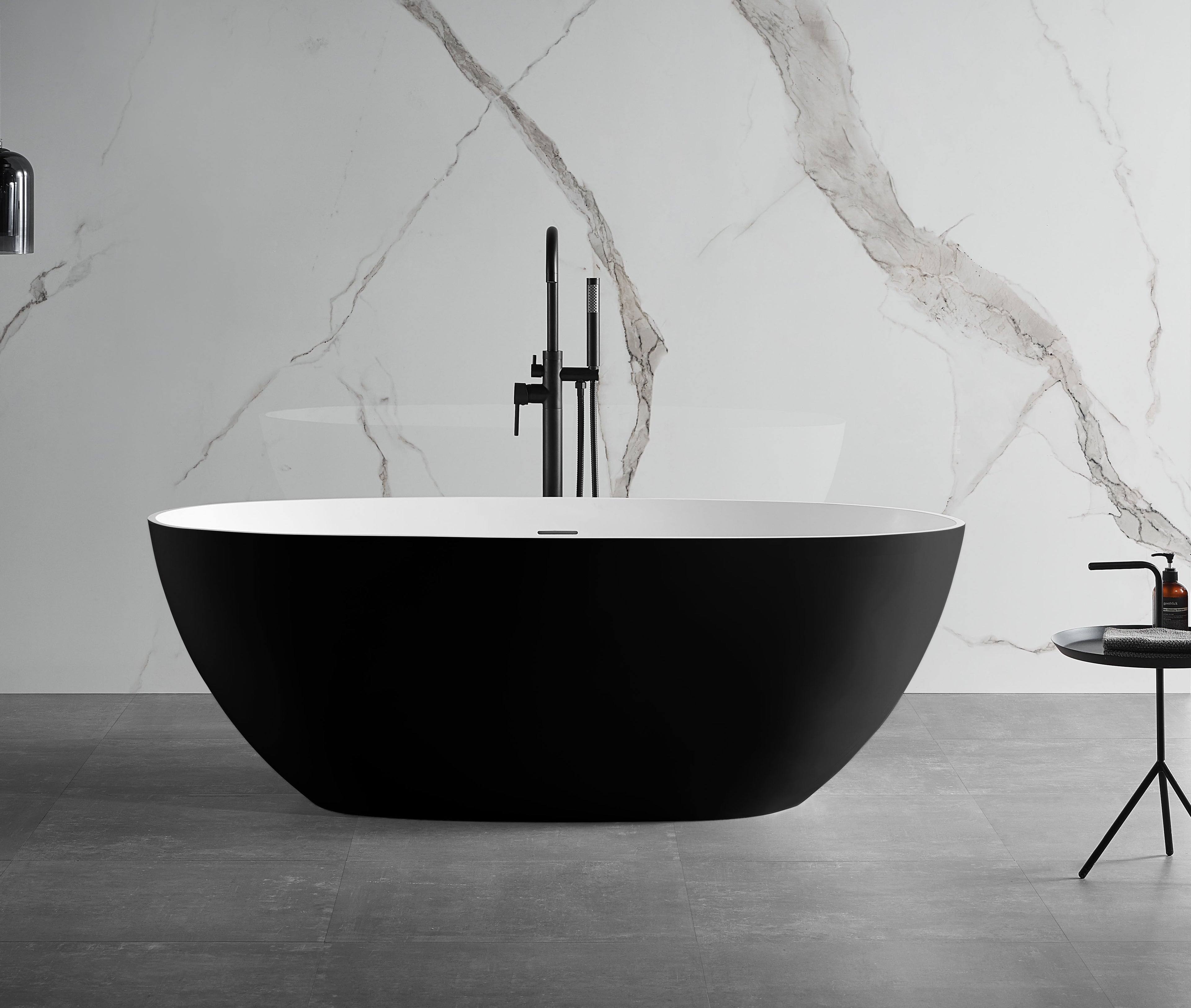 59 Inch Black & White Matte Oval Solid Surface Resin Soaking Bathtub ALFI Brand (AB9975BM)