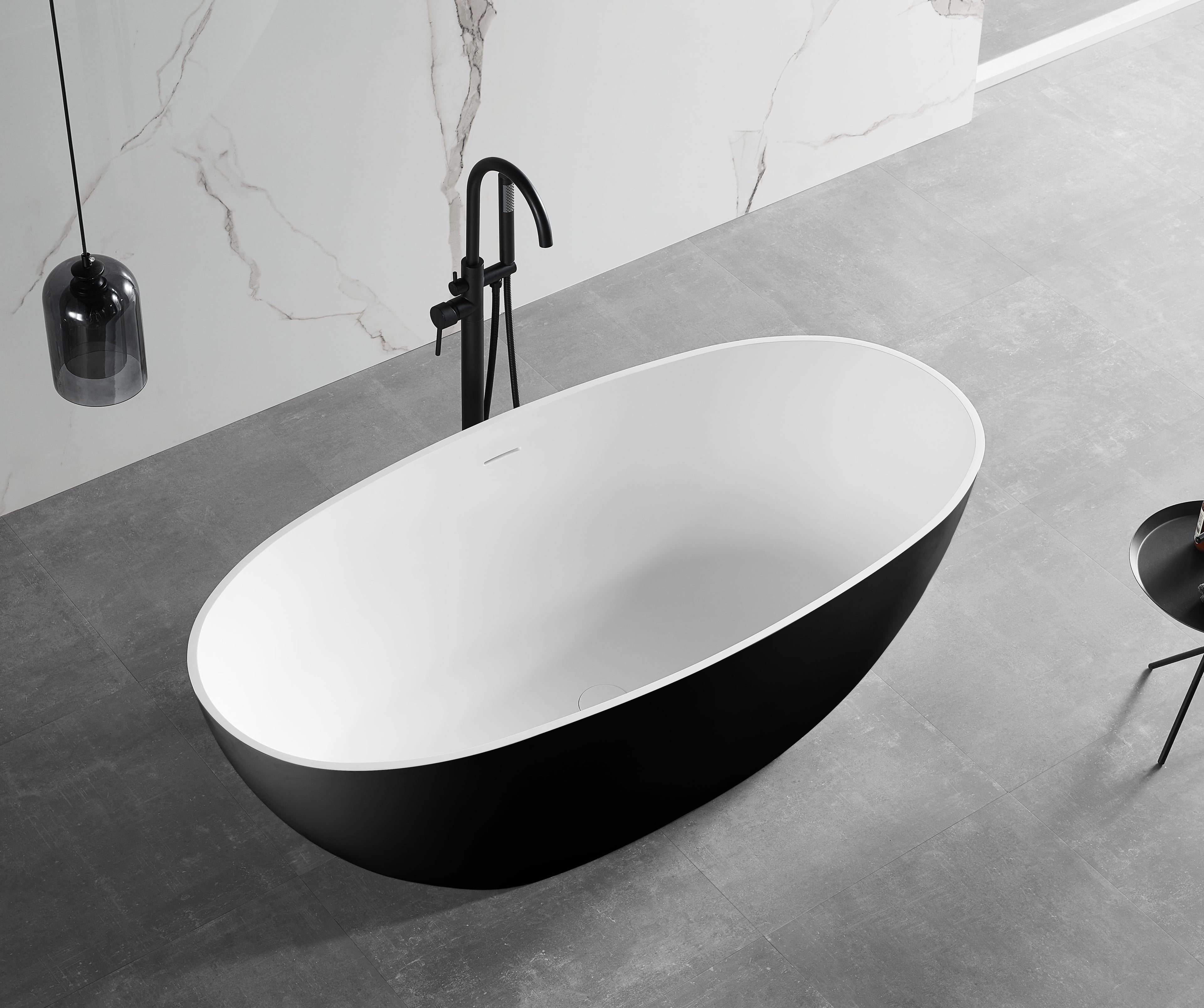 59 Inch Black & White Matte Oval Solid Surface Resin Soaking Bathtub ALFI Brand (AB9975BM)