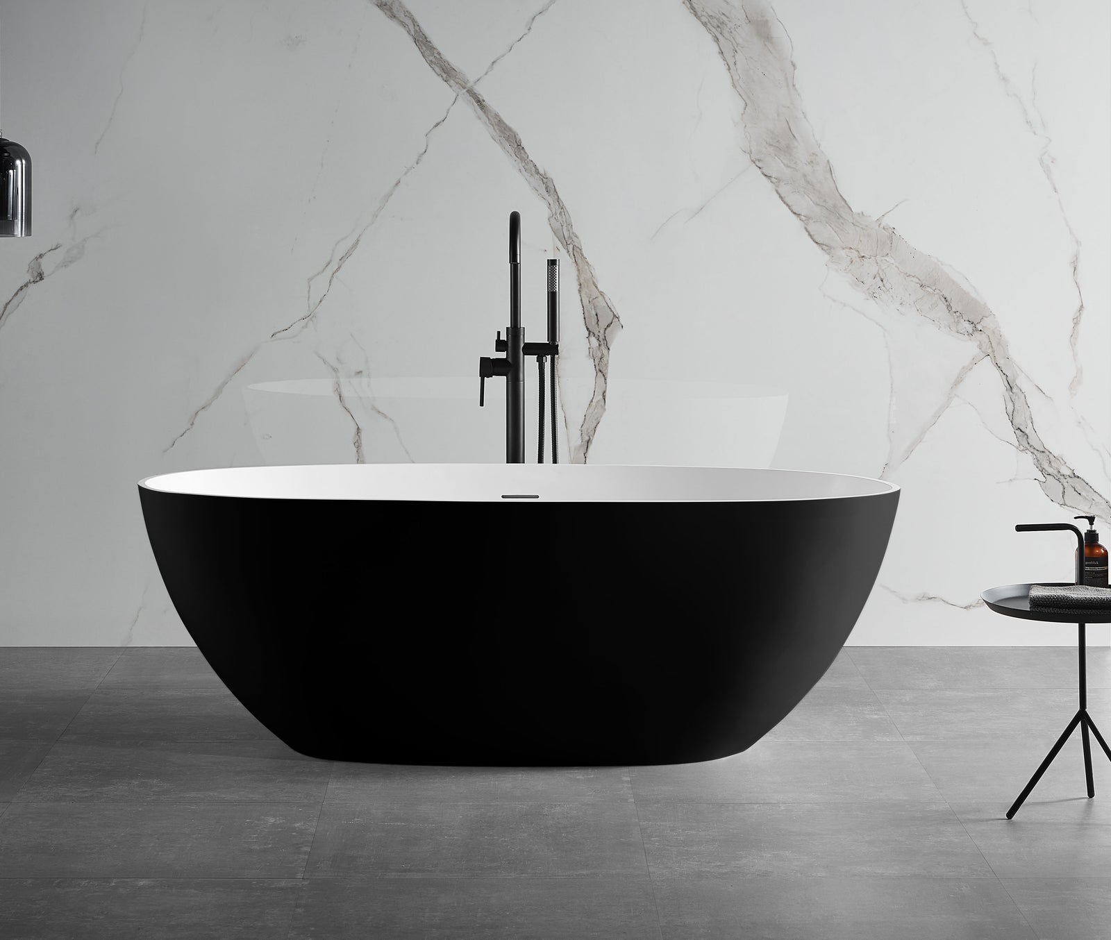 59 Inch Black & White Matte Oval Solid Surface Resin Soaking Bathtub ALFI Brand (AB9975BM)