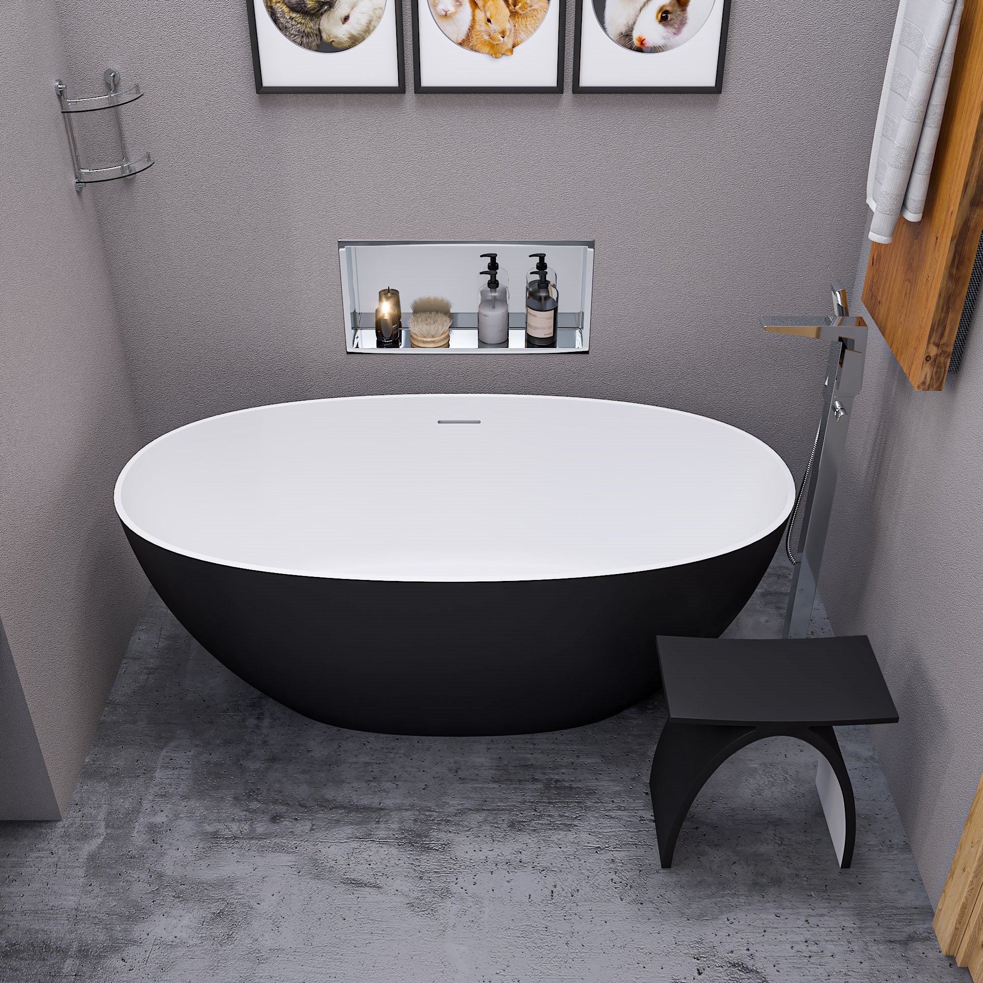 59 Inch Black & White Matte Oval Solid Surface Resin Soaking Bathtub ALFI Brand (AB9975BM)