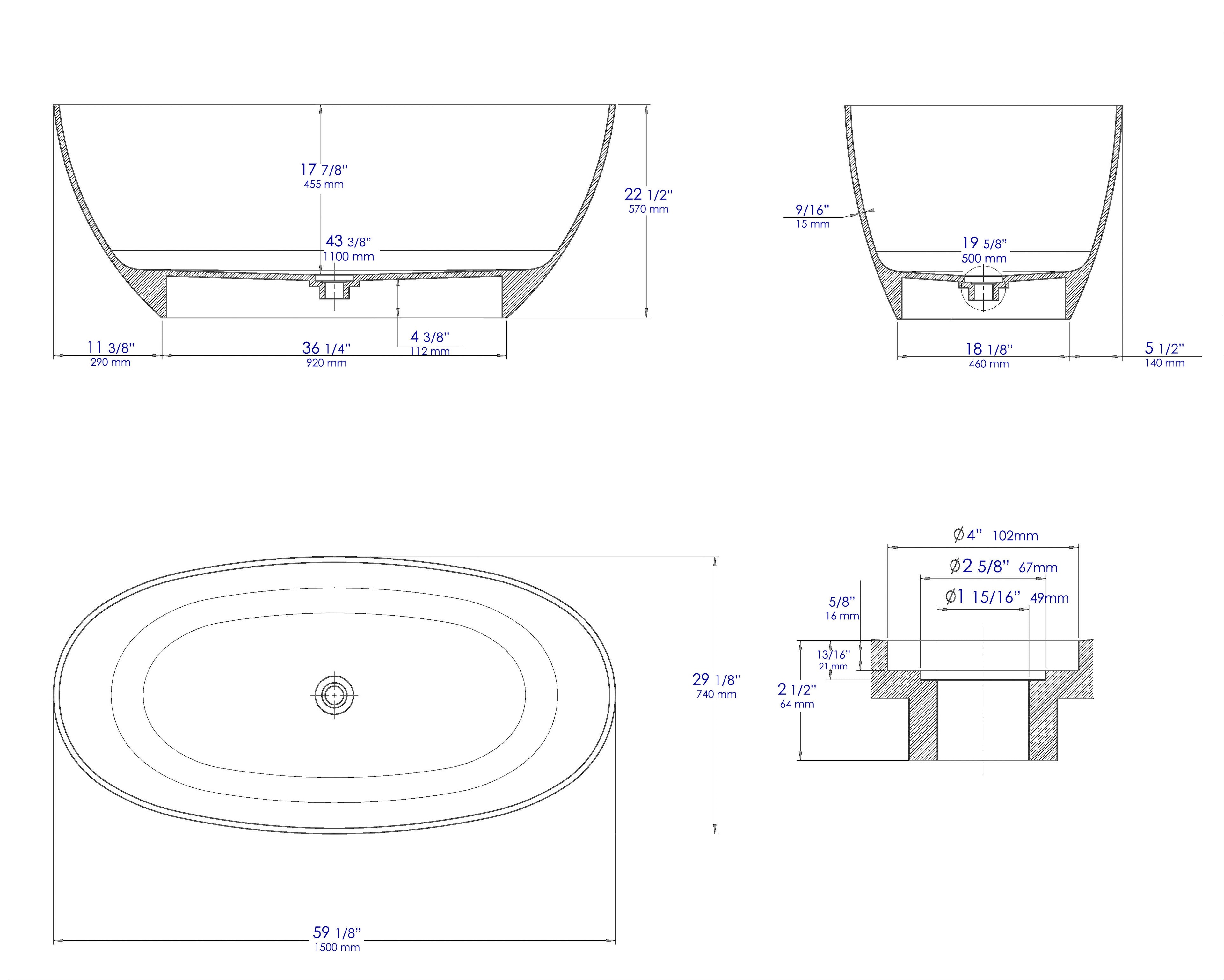 59 Inch Black & White Matte Oval Solid Surface Resin Soaking Bathtub ALFI Brand (AB9975BM)