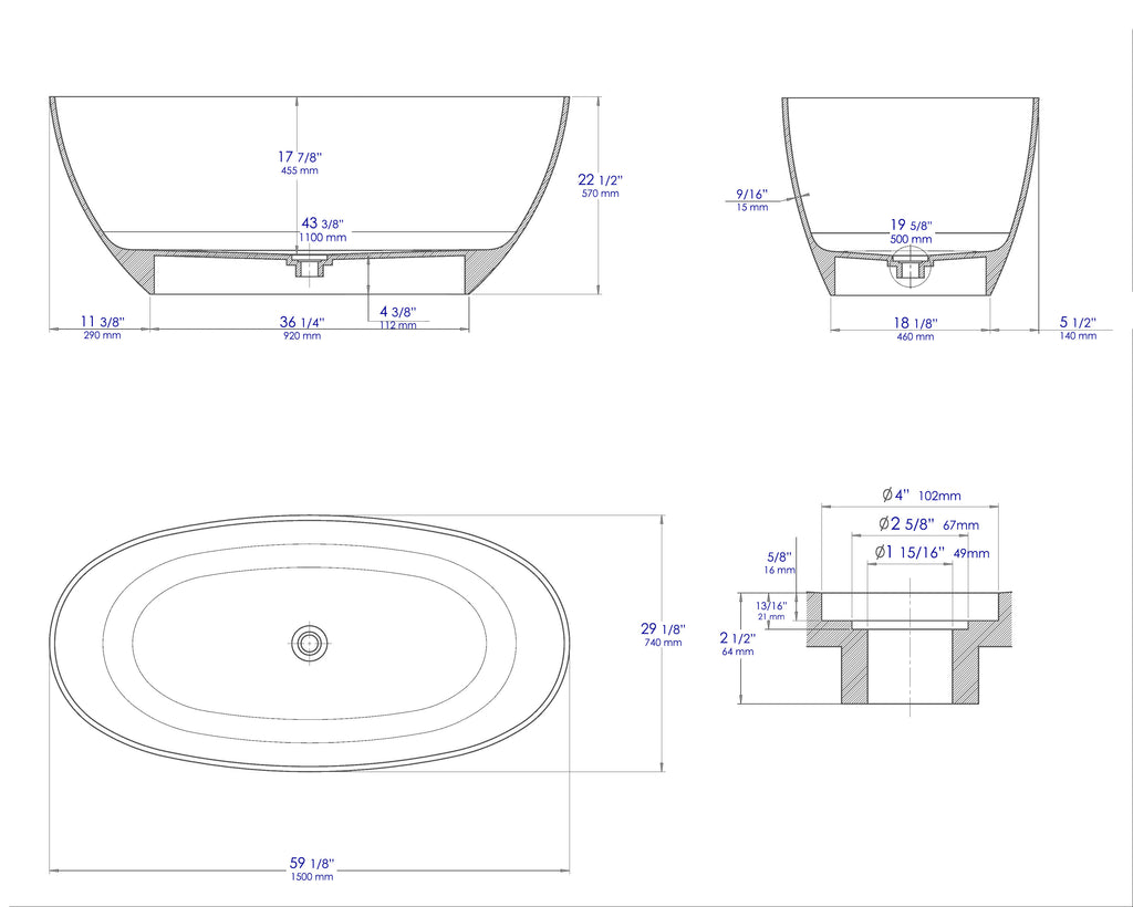 59 Inch White Oval Solid Surface Resin Soaking Bathtub ALFI Brand (AB9975)
