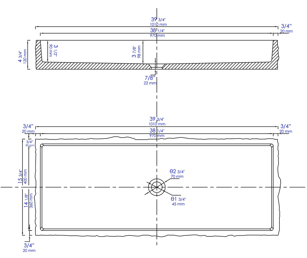 39 Inch Solid Concrete Gray Matte Trough Sink for the Bathroom ALFI Brand (ABCO39TR)