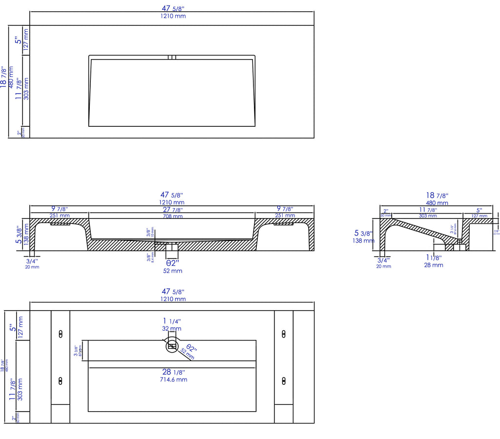 48 Inch Solid Concrete Rectangular Countertop Sink ALFI Brand (ABCO48R)