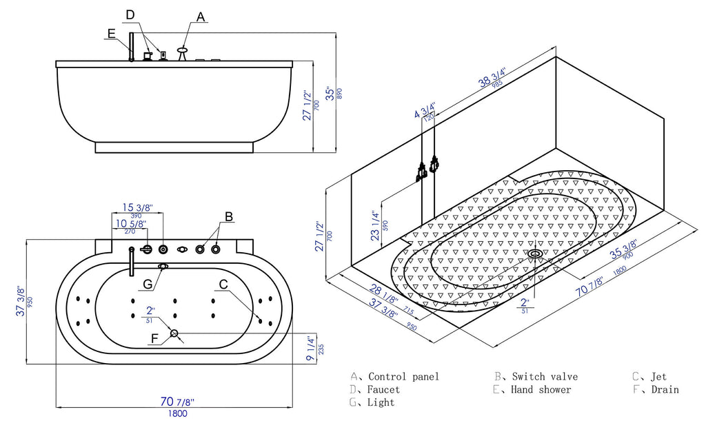 6 ft Acrylic White Whirlpool Bathtub With Fixtures EAGO (AM128ETL)