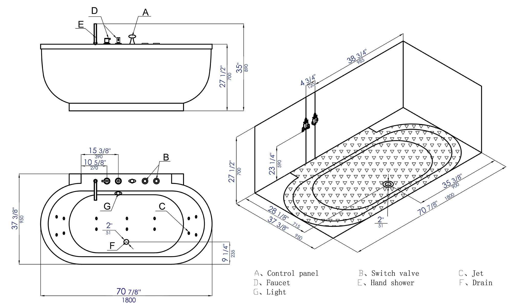 6 ft Acrylic White Whirlpool Bathtub With Fixtures EAGO (AM128ETL)