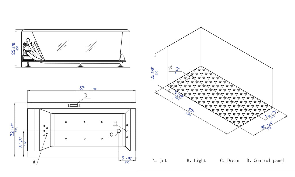 5 ft Clear Rectangular Acrylic Whirlpool Bathtub EAGO (AM152ETL-5)