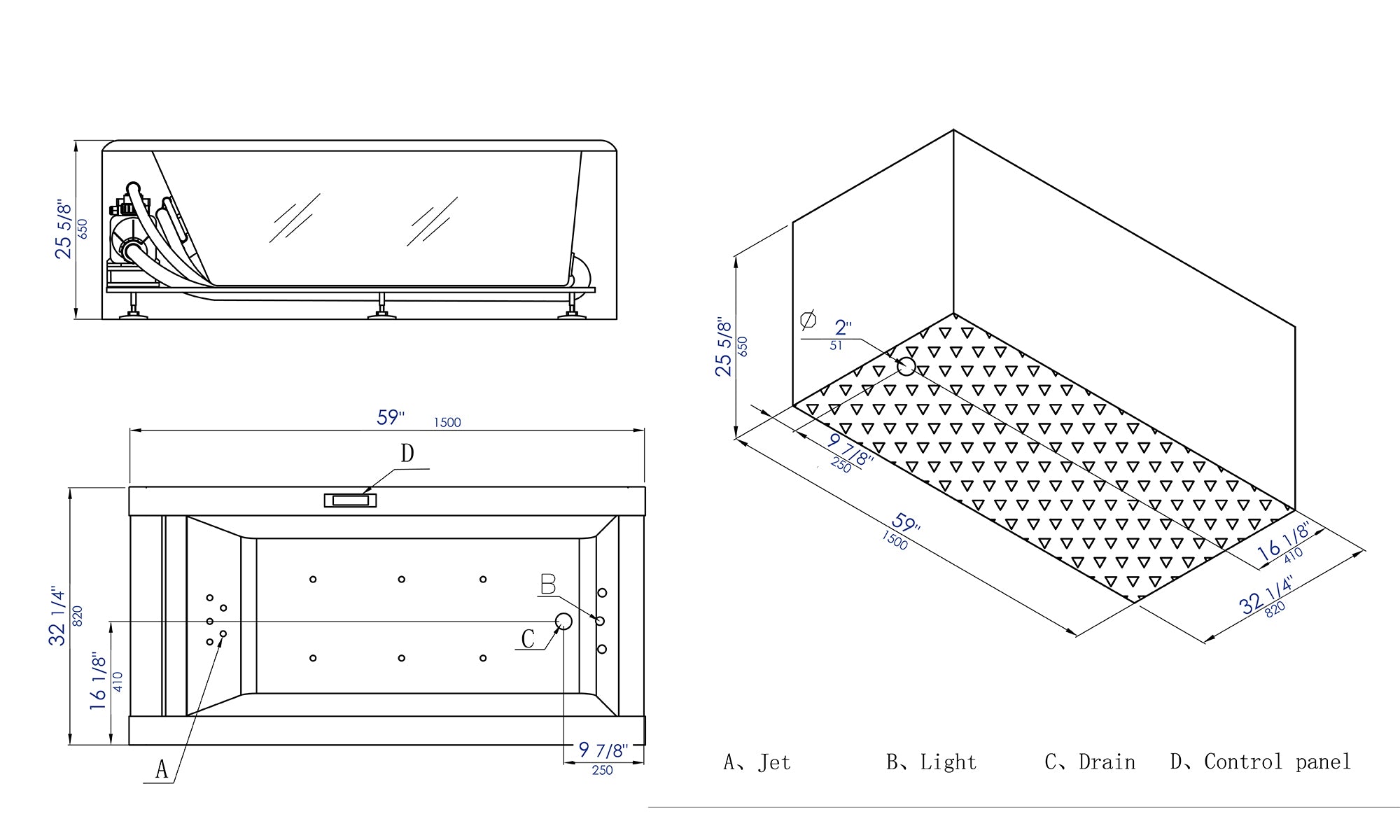 5 ft Clear Rectangular Acrylic Whirlpool Bathtub EAGO (AM152ETL-5)