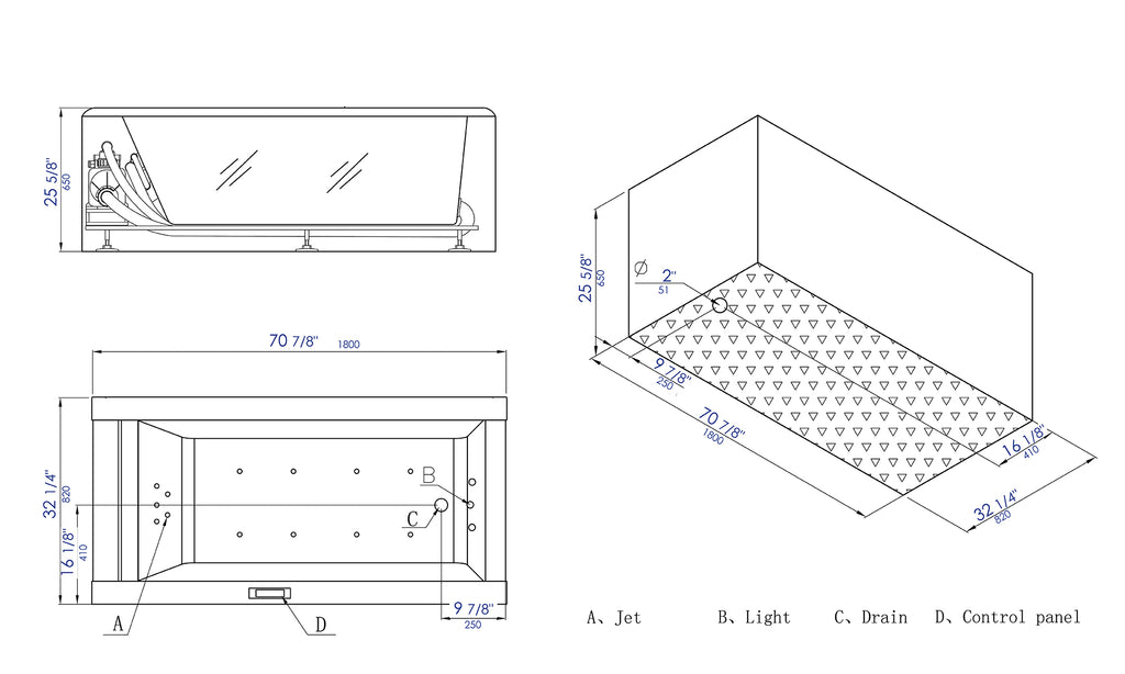 6 ft Clear Rectangular Acrylic Whirlpool Bathtub EAGO (AM152ETL-6)