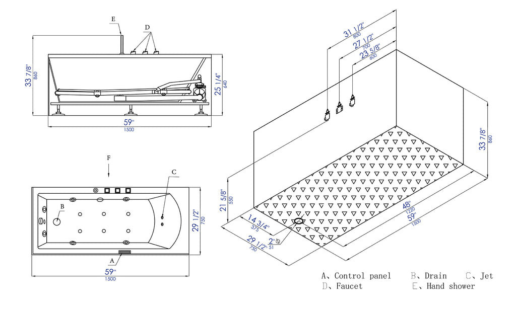 5 ft Acrylic White Rectangular Whirlpool Bathtub with Fixtures EAGO (AM154ETL-L5)