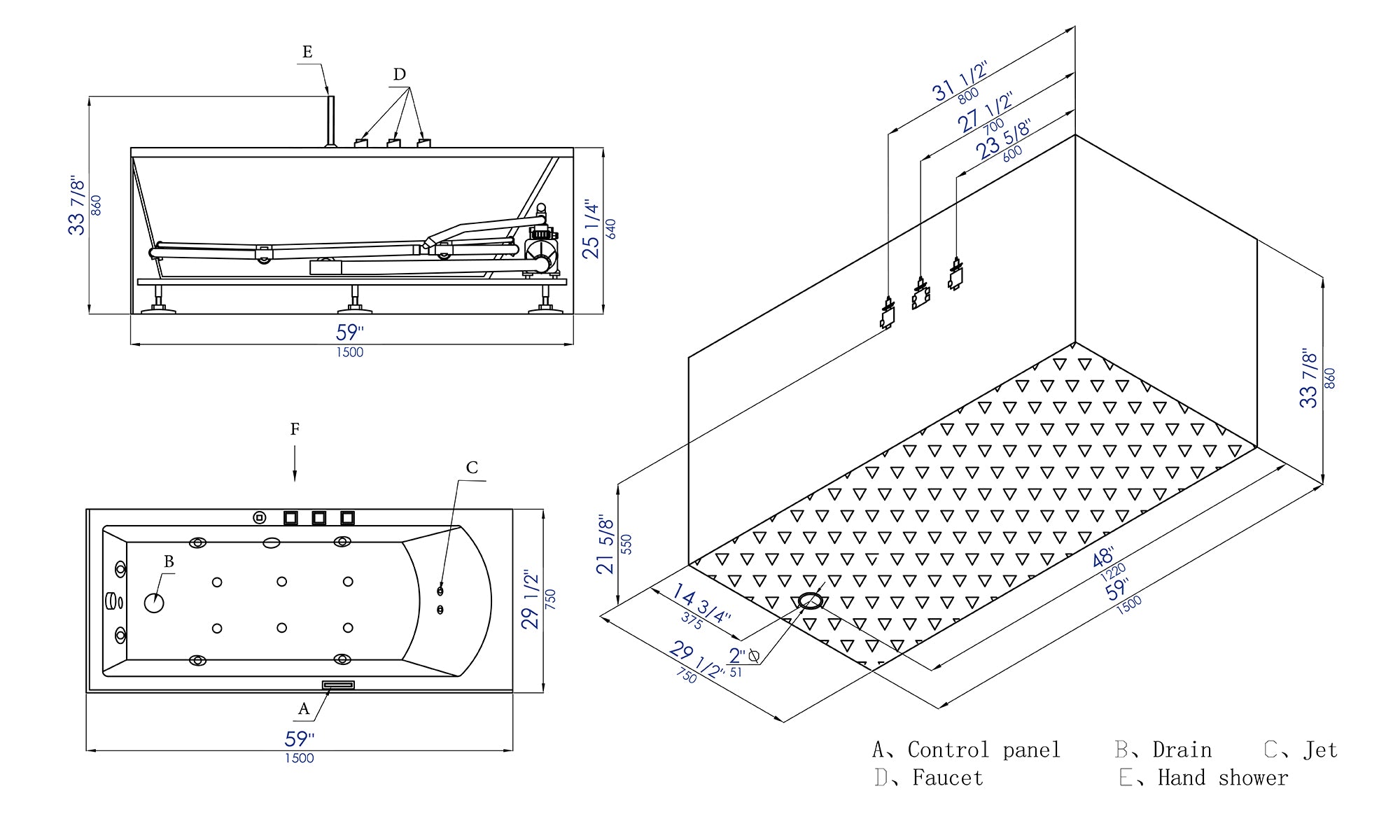 5 ft Acrylic White Rectangular Whirlpool Bathtub with Fixtures EAGO (AM154ETL-L5)