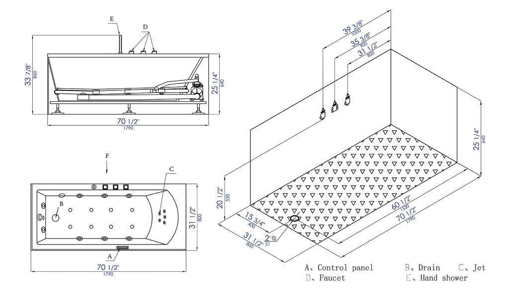 6 ft Acrylic White Rectangular Whirlpool Tub With Fixtures EAGO (AM154ETL-L6)