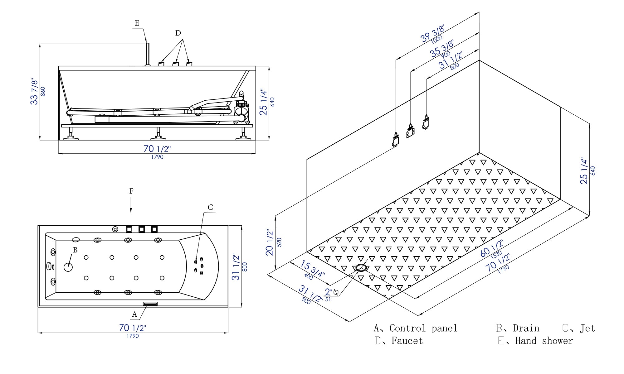 6 ft Acrylic White Rectangular Whirlpool Tub With Fixtures EAGO (AM154ETL-L6)