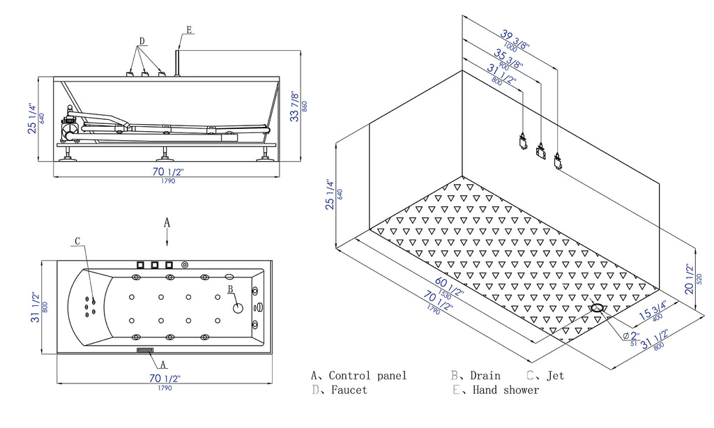 6 ft Acrylic White Rectangular Whirlpool Tub With Fixtures EAGO (AM154ETL-R6)