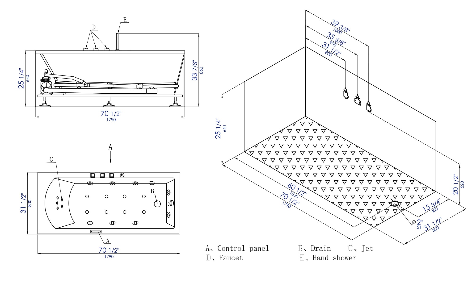 6 ft Acrylic White Rectangular Whirlpool Tub With Fixtures EAGO (AM154ETL-R6)