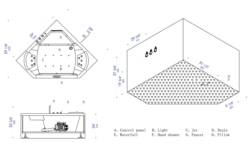 5 ft Clear Corner Acrylic Whirlpool Bathtub for Two EAGO (AM156ETL)