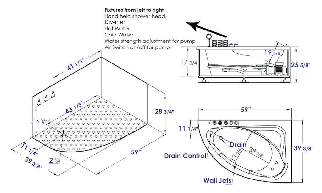 59 Inch Single Person Corner White Acrylic Whirlpool Bath Tub EAGO (AM161-L)