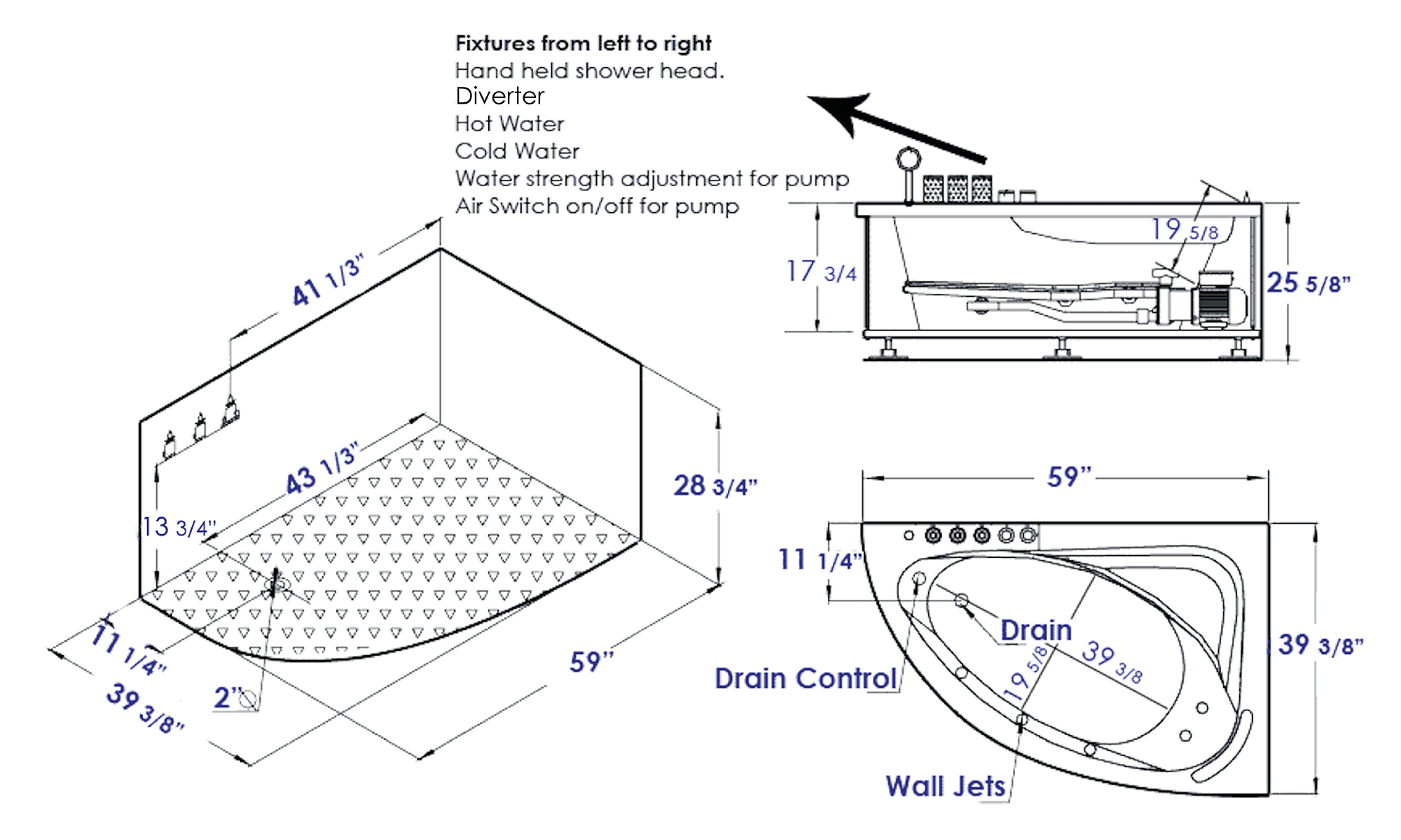 59 Inch Single Person Corner White Acrylic Whirlpool Bath Tub EAGO (AM161-L)