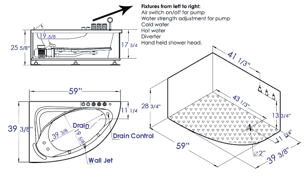 59 Inch Single Person Corner White Acrylic Whirlpool Bath Tub EAGO (AM161-R)