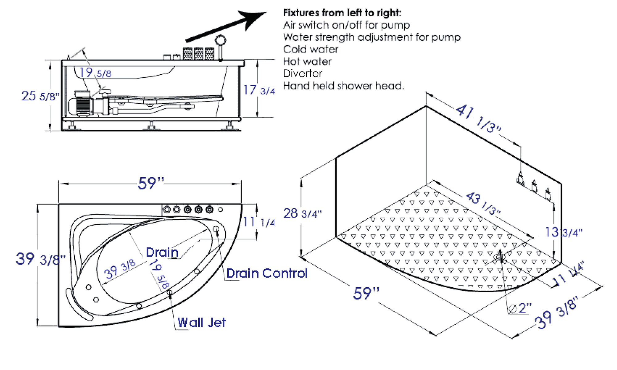 59 Inch Single Person Corner White Acrylic Whirlpool Bath Tub EAGO (AM161-R)
