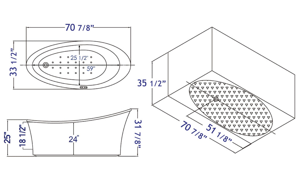 70 Inch White Free Standing Oval Air Bubble Bathtub EAGO (AM1800)