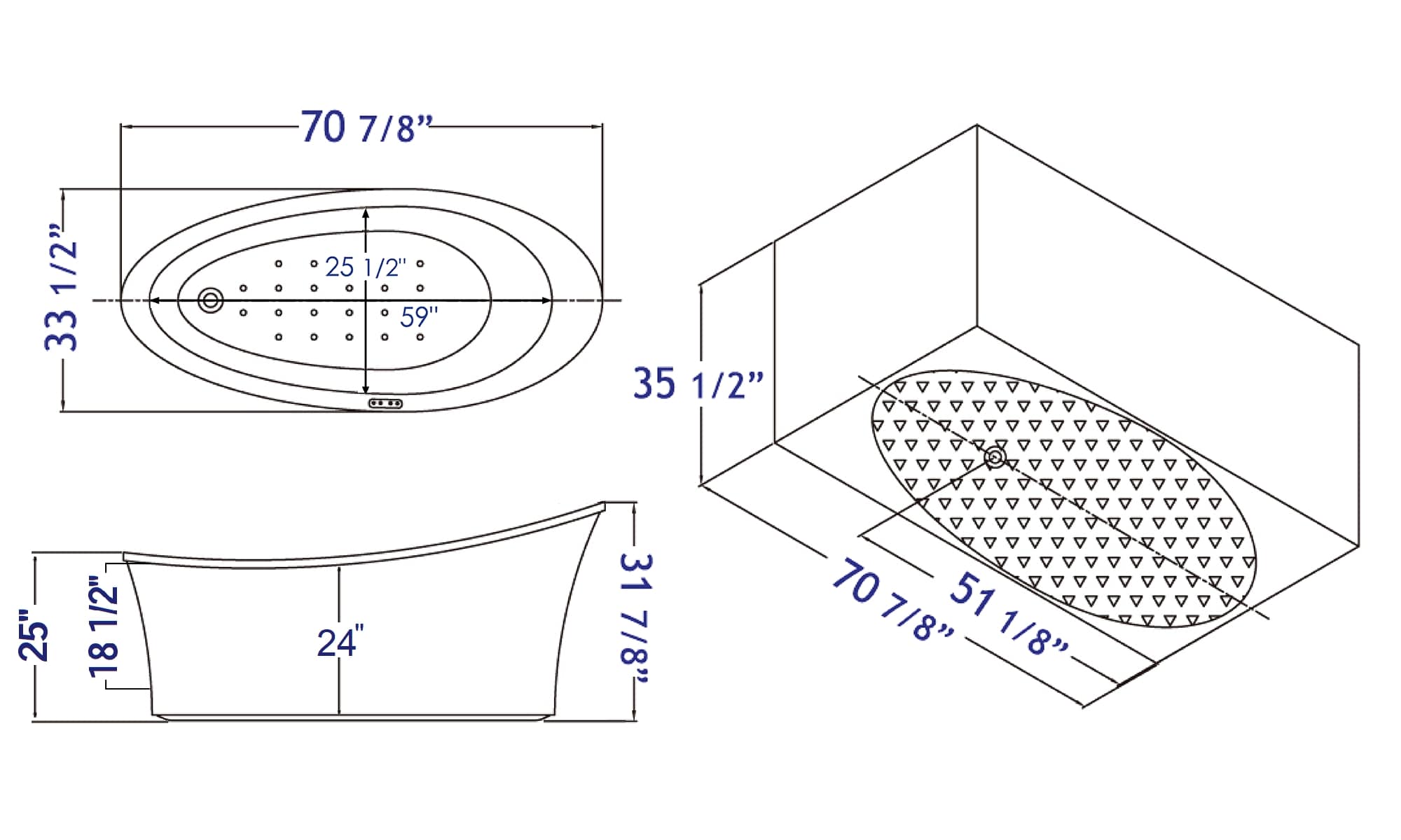 70 Inch White Free Standing Oval Air Bubble Bathtub EAGO (AM1800)