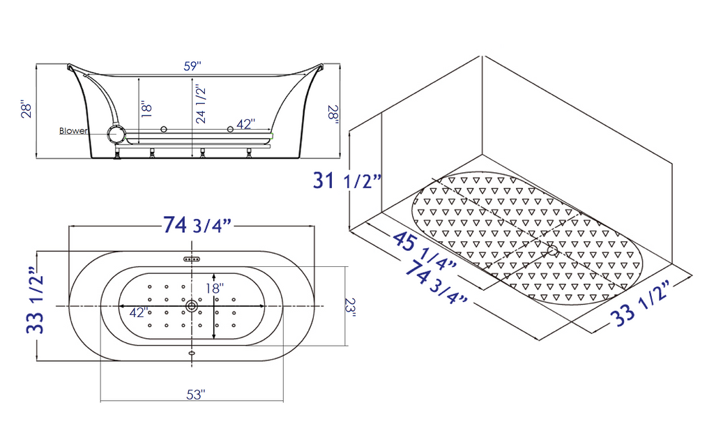 74 Inch White Free Standing Oval Air Bubble Bathtub EAGO (AM1900)