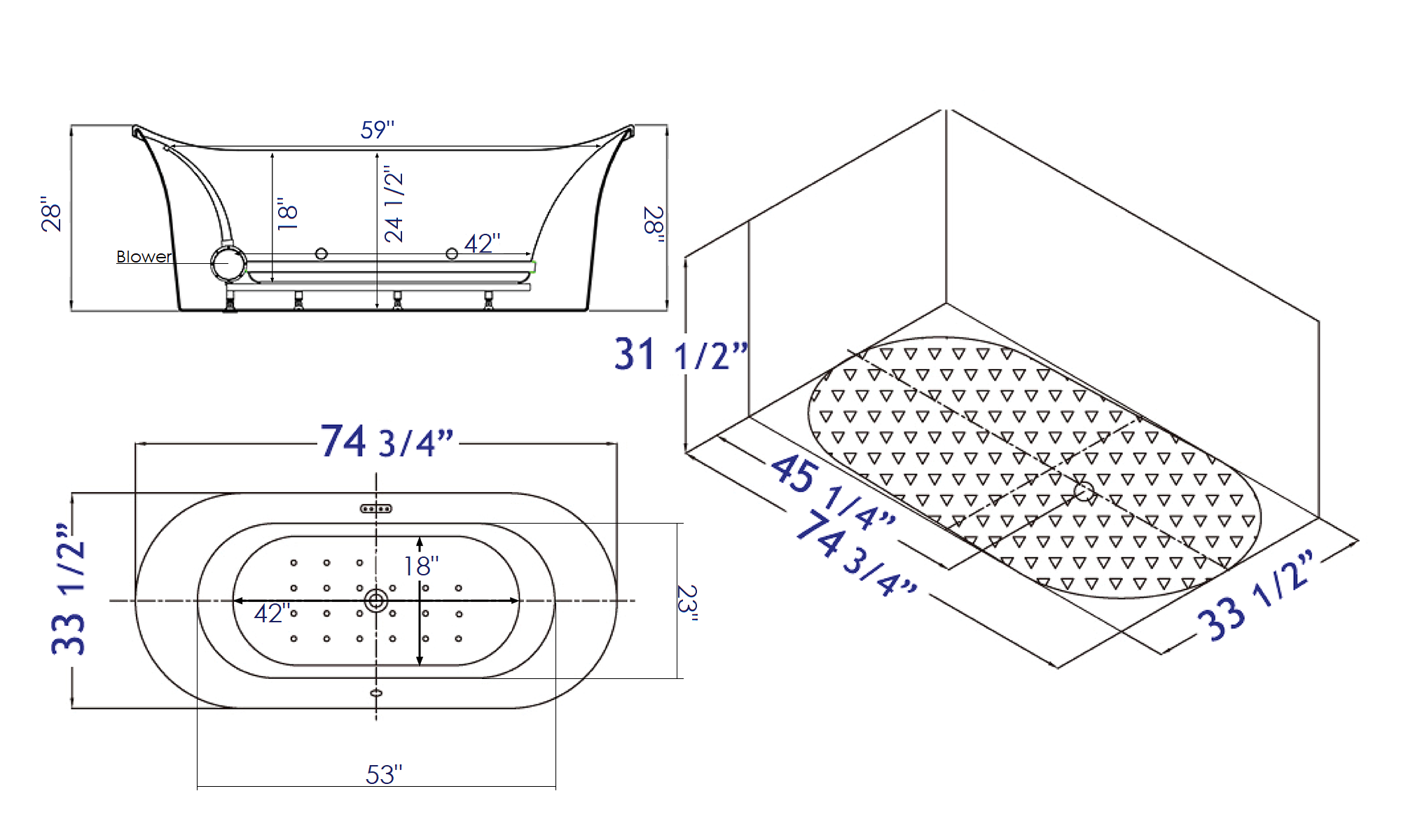 74 Inch White Free Standing Oval Air Bubble Bathtub EAGO (AM1900)