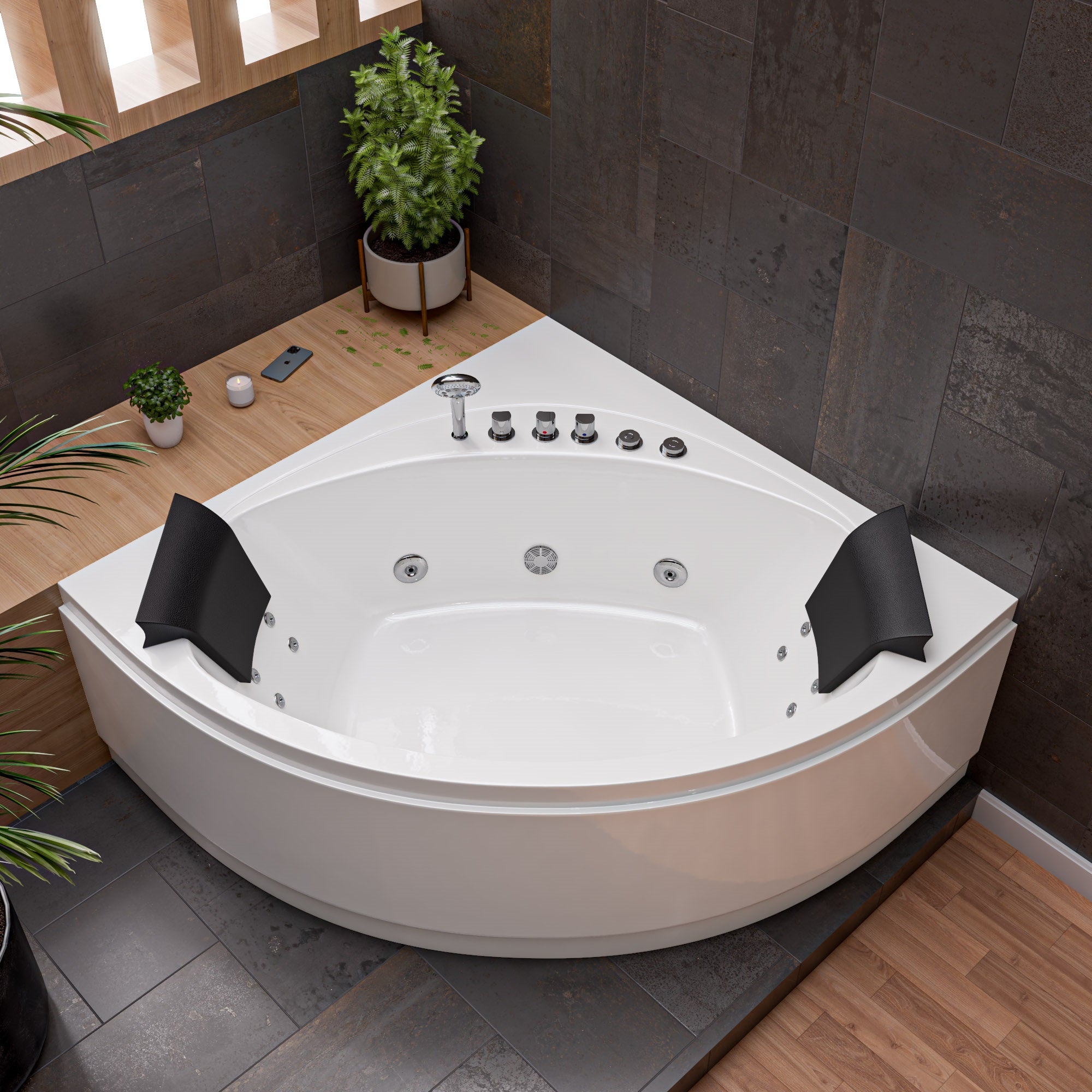 5 ft Rounded Modern Double Seat Corner Whirlpool Bath Tub with Fixtures EAGO (AM200)