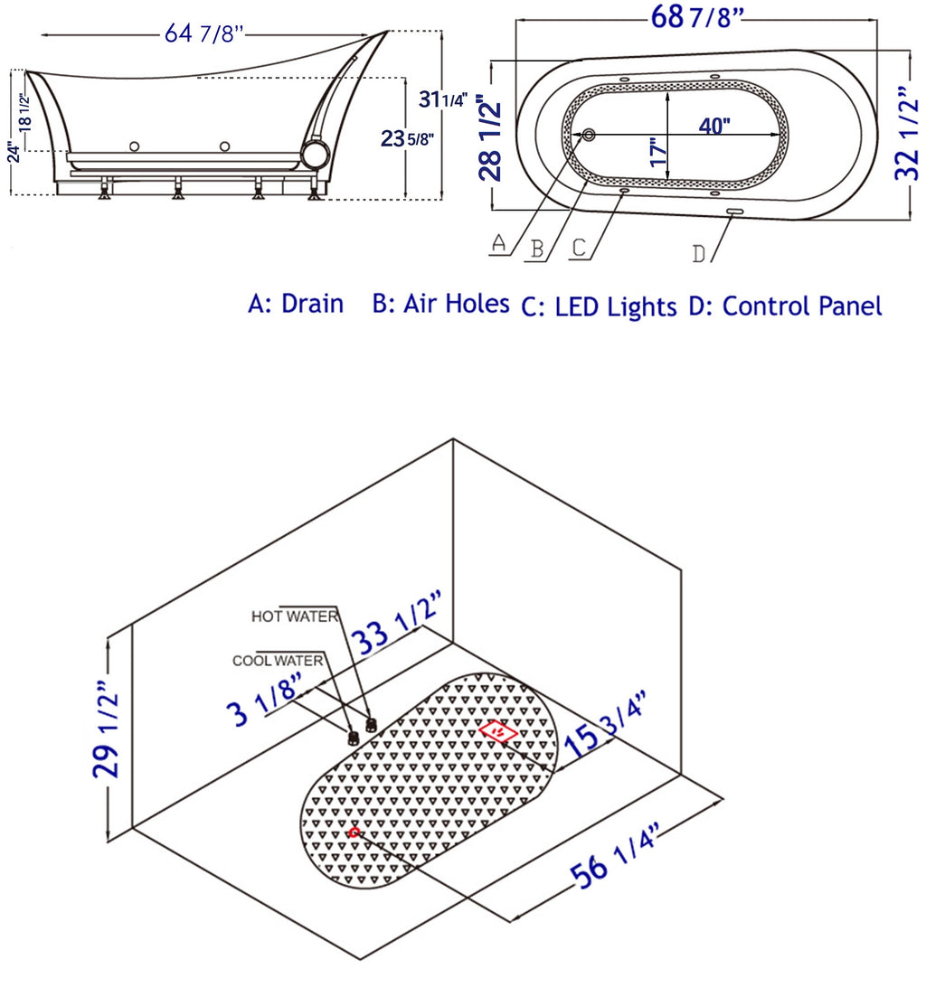68 Inch White Free Standing Oval Air Bubble Bathtub EAGO (AM2140)
