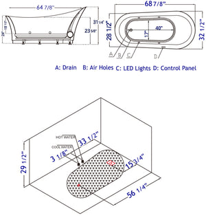 68 Inch White Free Standing Oval Air Bubble Bathtub EAGO (AM2140)