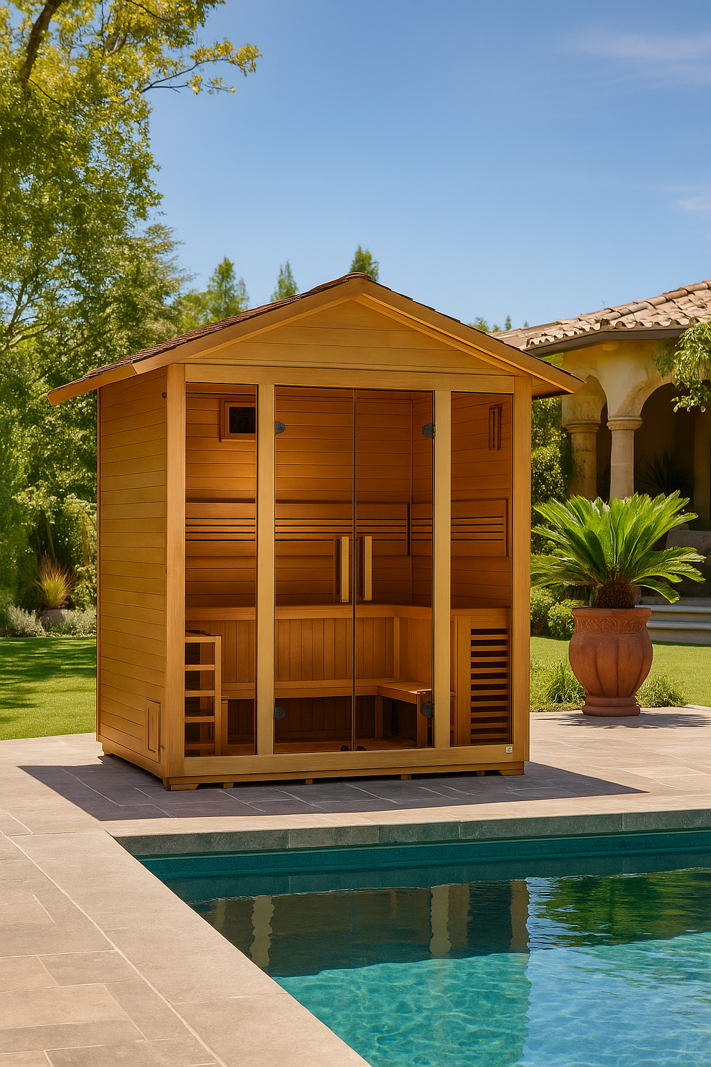 "Vorarlberg" Traditional Sauna Outdoor Steam Sauna with Water Proof Stained Hemlock Wood
