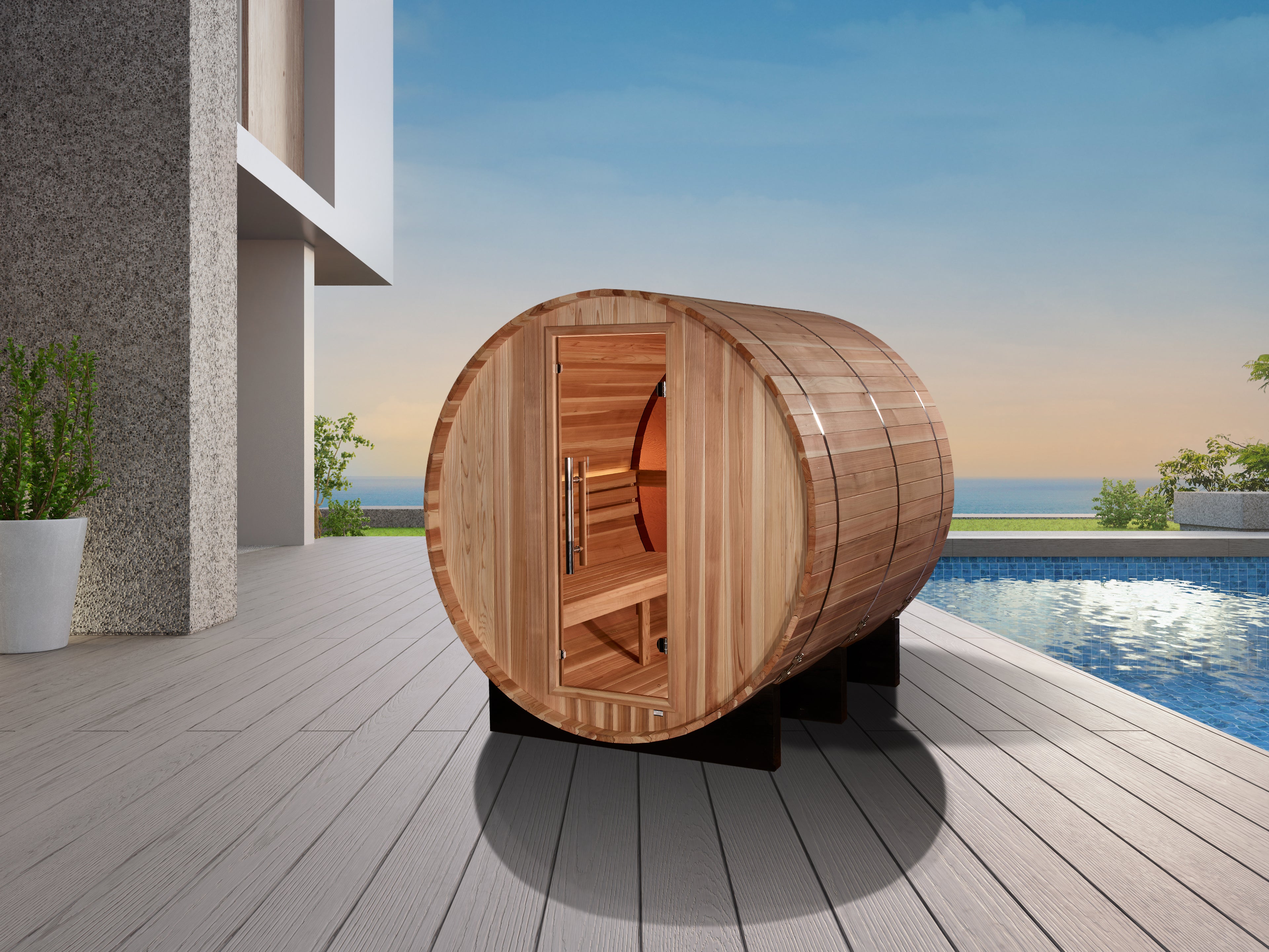 "Zurich" Traditional Sauna Outdoor Barrel Steam Sauna with Bronze Privacy View & Pacific Cedar Wood